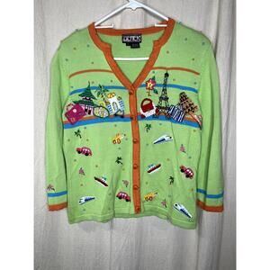1990s Berek Lime Green World Travel Fashion Glam Maximalist Tourist Cardigan S